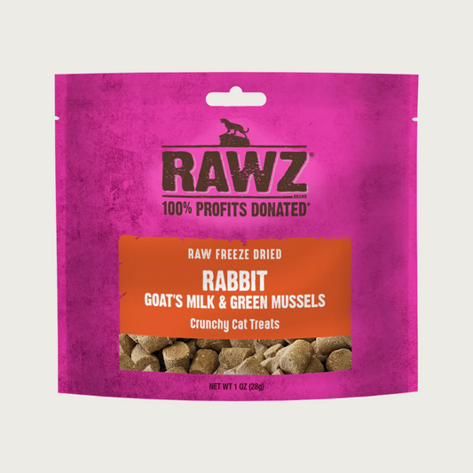 1 oz pink pouch of RAWZ Raw Freeze Dried Rabbit, Goat's Milk & Green Mussels Crunchy Cat Treats. 100% profits donated. Image at bottom of bags shows small, cylindrical shaped light brown treats.