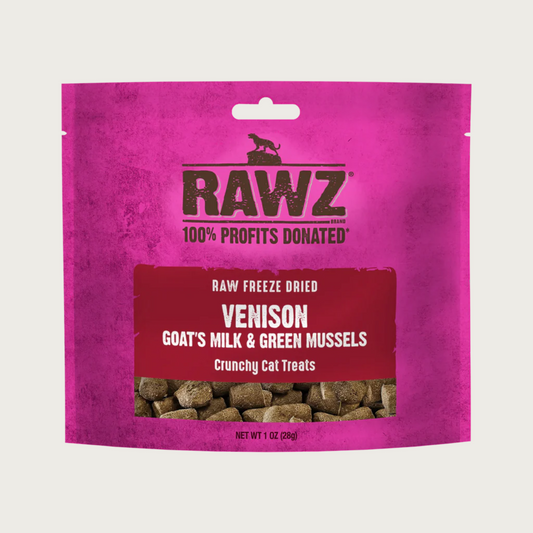 1 oz pink pouch of RAWZ Raw Freeze Dried Venison, Goat's Milk & Green Mussels Crunchy Cat Treats. 100% profits donated. Image at bottom of bags shows small, cylindrical shaped light brown treats.