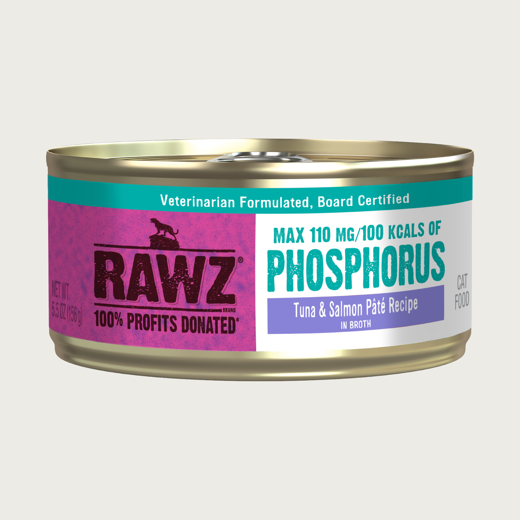 A 5.5 oz can of RAWZ Phosphorus Tuna & Salmon Pate Recipe in Broth cat food. Veterinarian Formulated, Board Certified. 100% profits donated. Half of the can label is pink, the other half is white with teal text.
