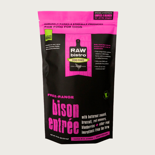 A 6 pound black and hot pink bag of Raw Bistro free-range bison entree patties for dogs. Made with humanely raised and sustainably farmed ingredients.