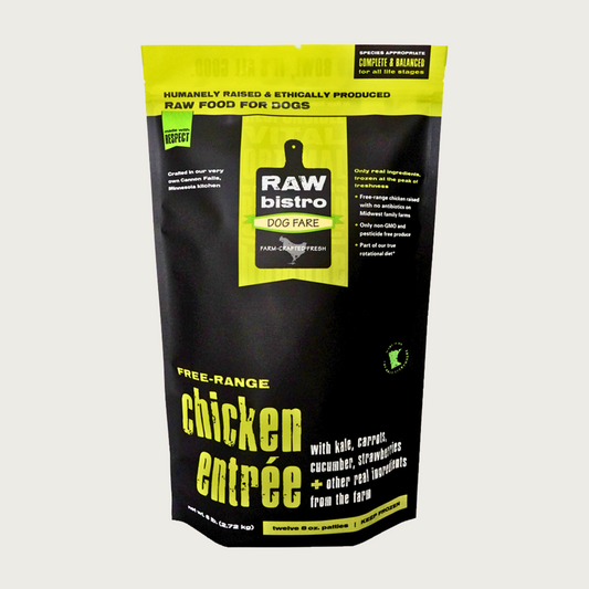 A 6 pound black and lime green bag of Raw Bistro free-range chicken entree patties for dogs. Made with humanely raised and sustainably farmed ingredients.
