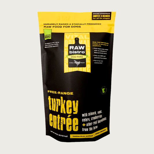A 6 pound black and yellow bag of Raw Bistro free-range turkey entree patties for dogs. Made with humanely raised and sustainably farmed ingredients.