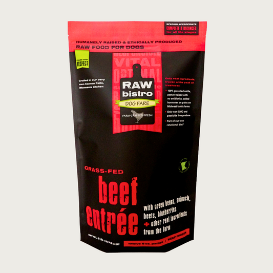A 6 pound black and red bag of Raw Bistro grass-fed beef entree patties for dogs. Made with humanely raised and sustainably farmed ingredients.