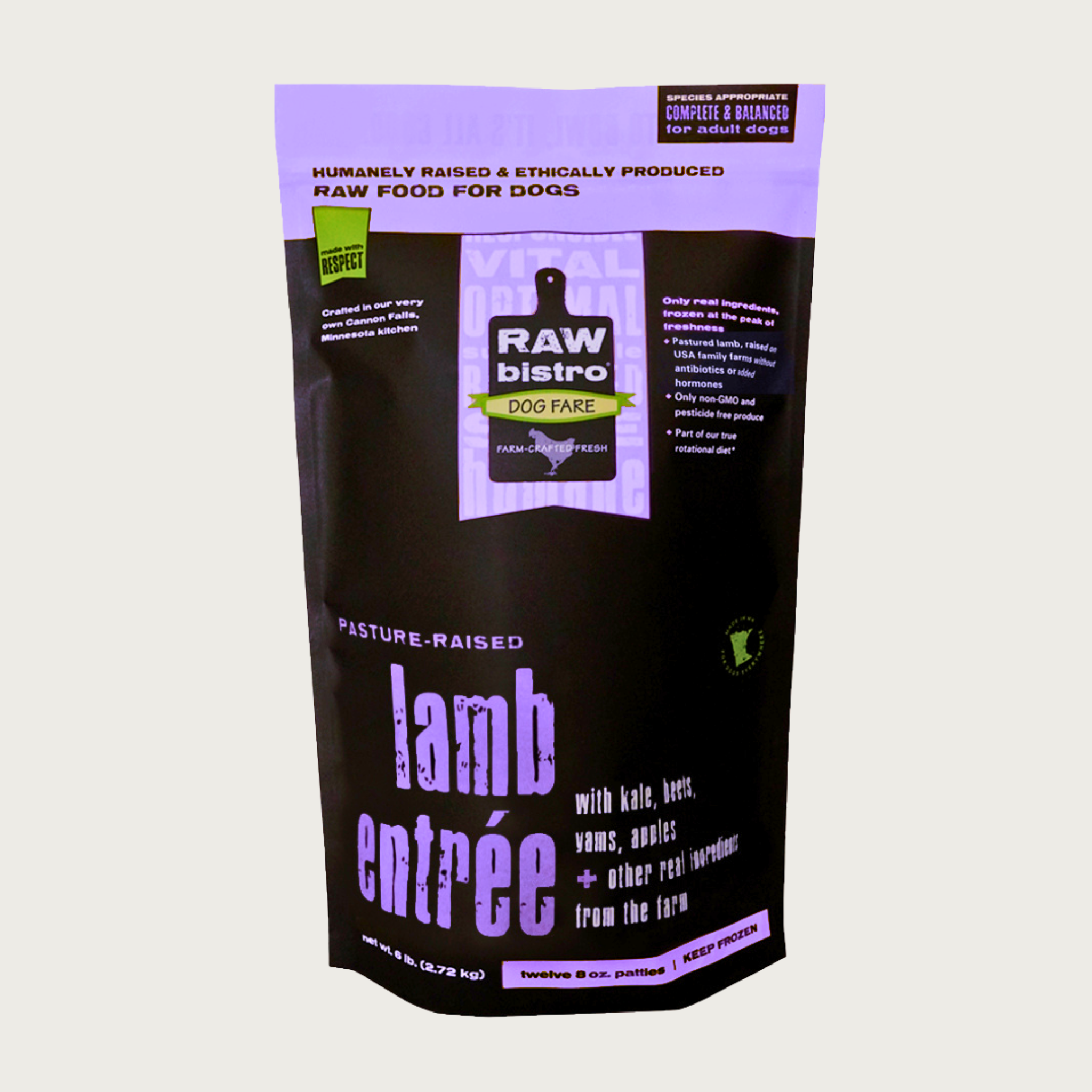 A 6 pound black and purple bag of Raw Bistro pasture-range lamb entree patties for dogs. Made with humanely raised and sustainably farmed ingredients.