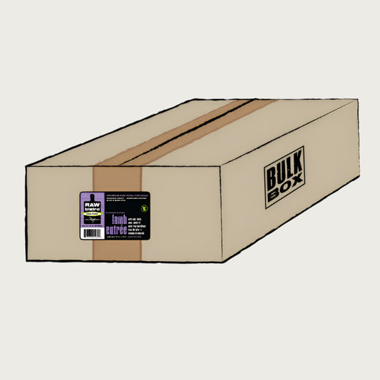 An 18 pound bulk box of Raw Bistro pasture-raised lamb entree patties for dogs. Made with humanely raised and sustainably farmed ingredients.