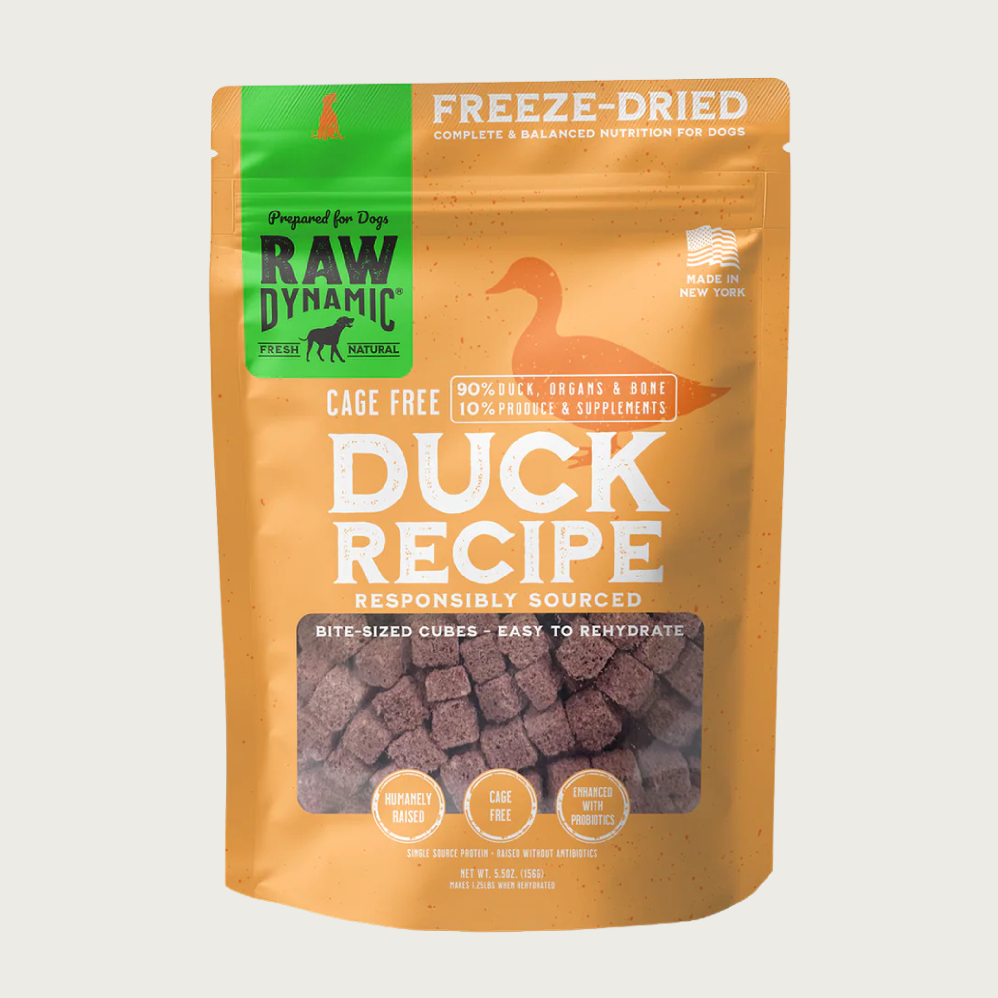 Raw Dynamic Freeze-Dried Raw, Cage Free Duck Recipe dog food in an orange bag, made from responsibly sourced duckt, grain-free, all-natural, and rich in protein for healthy dogs. Bite-sized cubes, easy to rehydrate.