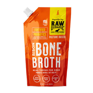 Raw Dynamic Bison Bone Broth for dogs in a 12 oz orange pouch, featuring pasture raised bison. Fortified with species-specific probiotics to promote overall gut health. Treat or meal topper for dogs.