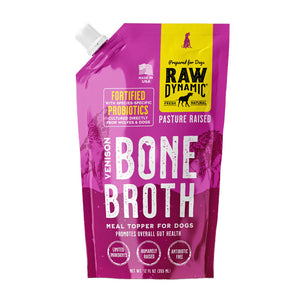 Raw Dynamic Venison Bone Broth for dogs in a 12 oz fuchsia pouch, featuring pasture raised venison. Fortified with species-specific probiotics to promote overall gut health. Treat or meal topper for dogs.