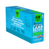 Raw Dynamic Frozen Raw Lamb dog food in a light blue box, made from pasture raised lamb, grain-free, all-natural, and rich in protein for healthy dogs. Packaged in a twelve pound box.