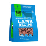Raw Dynamic Frozen Raw Lamb dog food in a light blue bag, made from pasture raised lamb, grain-free, all-natural, and rich in protein for healthy dogs. Packaged in a six pound bag.