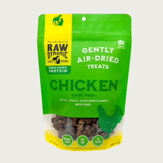 Raw Dynamic Gently Air Dried Chicken treats for dogs and cats in a small green bag, made from farm raised rabbit, grain-free, all-natural, and rich in protein for healthy pets. Bite sized treats.
