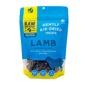 Raw Dynamic Air Dried Lamb treats for dogs and cats in an blue small bag, made from pasture raised lamb, grain-free, all-natural, and rich in protein for healthy pets. Bite sized treats.