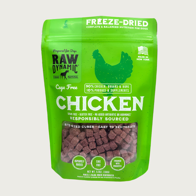 Raw Dynamic Raw Chicken freeze-dried dog food in a green bag, made from cage free, grain-free, all-natural, and rich in protein for healthy dogs.