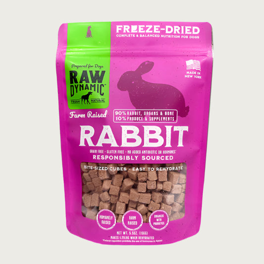 Raw Dynamic Raw Rabbit freeze-dried dog food in a pink bag, made from responsibly sourced rabbit, grain-free, all-natural, and rich in protein for healthy dogs.
