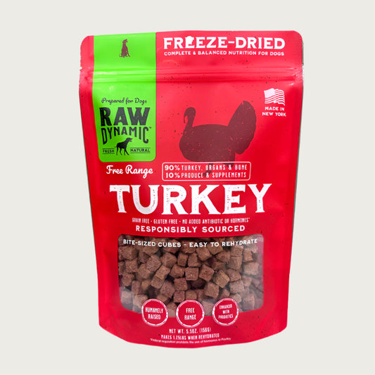 Raw Dynamic Raw Turkey freeze-dried dog food in a red bag, made from free range turkey, grain-free, all-natural, and rich in protein for healthy dogs.