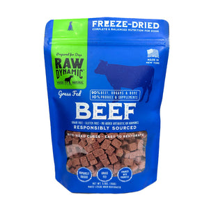 Raw Dynamic Raw Beef freeze-dried dog food in a blue bag, made from grass fed beef, grain-free, all-natural, and rich in protein for healthy dogs.