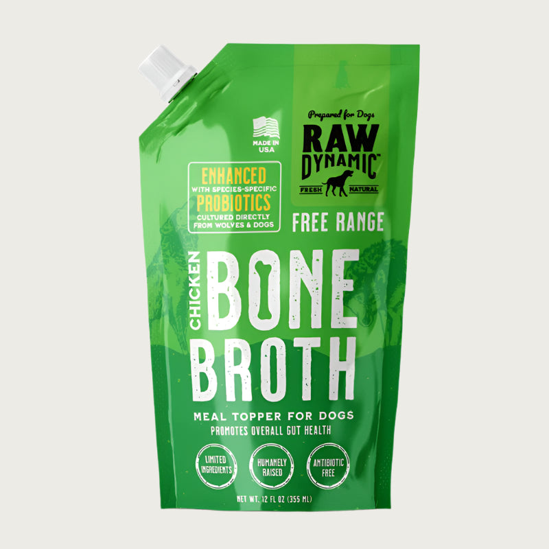 Raw Dynamic Free-Range Chicken Bone Broth for dogs in a green pouch, featuring free-range ingredients packed with probiotics and nutrients, ideal as a healthy meal topper for dogs.