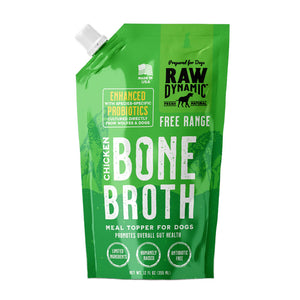 Raw Dynamic Free-Range Chicken Bone Broth for dogs in a green pouch, featuring free-range ingredients packed with probiotics and nutrients, ideal as a healthy meal topper for dogs.