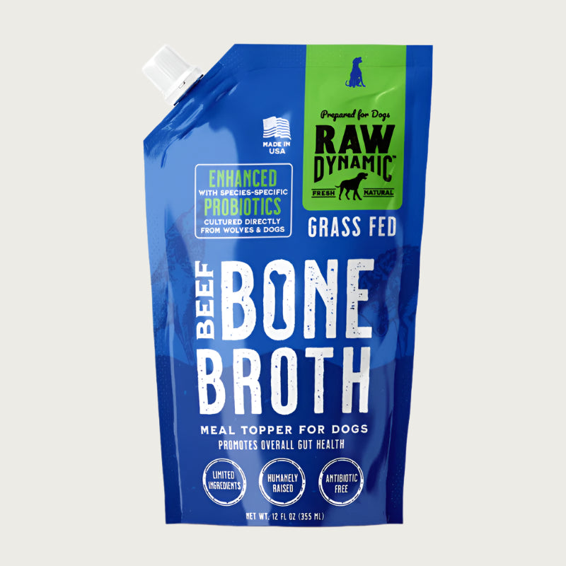Raw Dynamic Beef Bone Broth for dogs in a blue pouch, featuring grass fed beef  ingredients packed with probiotics and nutrients, ideal as a healthy meal topper for dogs.