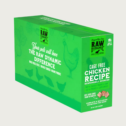 Raw Dynamic Frozen Raw Chicken dog food in a green box, made from cage free chicken, grain-free, all-natural, and rich in protein for healthy dogs. Packaged in a twelve pound box.