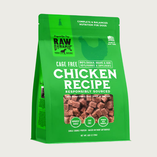 Raw Dynamic Frozen Raw Chicken dog food in a green bag, made from cage free chicken, grain-free, all-natural, and rich in protein for healthy dogs. Packaged in a six pound bag.