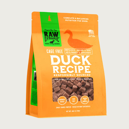 Raw Dynamic Frozen Raw Duck dog food in an orange bag, made from cage free duck, grain-free, all-natural, and rich in protein for healthy dogs. Packaged in a 6 pound bag.