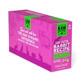 Raw Dynamic Frozen Raw Rabbit dog food in a pink box, made from farm raised rabbit, grain-free, all-natural, and rich in protein for healthy dogs. Packaged in a twelve pound box.