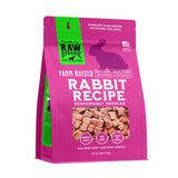 Raw Dynamic Frozen Raw Rabbit dog food in a pink bag, made from farm raised rabbit, grain-free, all-natural, and rich in protein for healthy dogs. Packaged in a 6 pound bag.