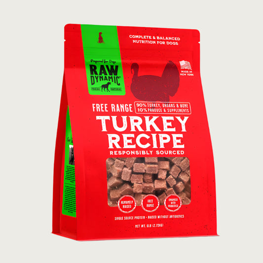 Raw Dynamic Frozen Raw Turkey dog food in a red bag, made from free range turkey, grain-free, all-natural, and rich in protein for healthy dogs. Packaged in a six pound bag. 