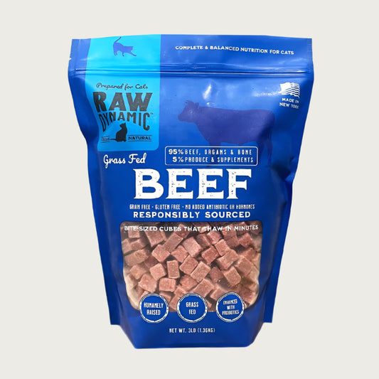 Raw Dynamic Raw Beef frozen raw cat food in a blue bag, made from grass fed beef, grain-free, all-natural, and rich in protein for healthy cats.