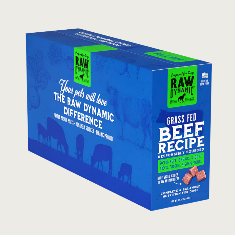Raw Dynamic Frozen Raw Beef dog food in a blue box, made from grass fed beef, grain-free, all-natural, and rich in protein for healthy dogs. Packaged in a twelve pound box.