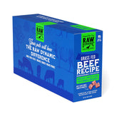 Raw Dynamic Frozen Raw Beef dog food in a blue box, made from grass fed beef, grain-free, all-natural, and rich in protein for healthy dogs. Packaged in a twelve pound box.