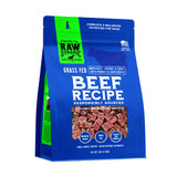 Raw Dynamic Frozen Raw Beef dog food in a blue bag, made from grass fed beef, grain-free, all-natural, and rich in protein for healthy dogs. Packaged in a six pound bag.