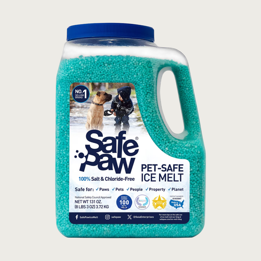 Clear plastic jug with shaker lid, of Safe Paw pet-safe ice melt. Safe for paws, pets, people, property, planet.