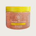 Load image into Gallery viewer, A 12 oz plastic tub of Savage Cat Food, Chicken recipe for cats. Tub is clear, with light reddish brown food inside. Lid is yellow. Raw. Keep Frozen.
