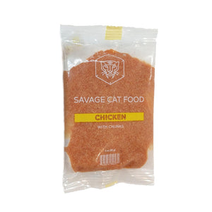 A 3 oz trial size pouch of Savage Cat Food, Chicken recipe for cats. Pouch is clear plastic, with light reddish brown food inside.