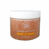 A 12 oz plastic tub of Savage Cat Food, Duck recipe for cats. Tub is clear, with light reddish brown food inside. Raw. Keep Frozen.