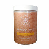 A 24 oz plastic tub of Savage Cat Food, Duck recipe for cats. Tub is clear, with light reddish brown food inside. Raw. Keep Frozen.