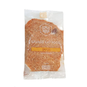 A 3 oz trial size pouch of Savage Cat Food, Duck recipe for cats. Pouch is clear plastic, with light reddish brown food inside.