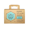 A small cardboard box with handle, containing 9 oz (2 dozen) frozen raw quail eggs from Savage Cat.