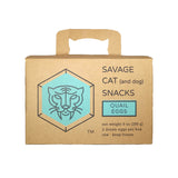 A small cardboard box with handle, containing 9 oz (2 dozen) frozen raw quail eggs from Savage Cat.