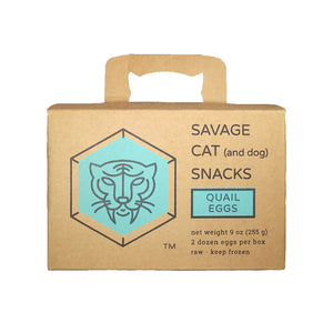 A small cardboard box with handle, containing 9 oz (2 dozen) frozen raw quail eggs from Savage Cat.