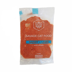 A 3 oz trial size pouch of Savage Cat Food, Rabbit and Lamb recipe for cats. Pouch is clear plastic, with reddish food inside.