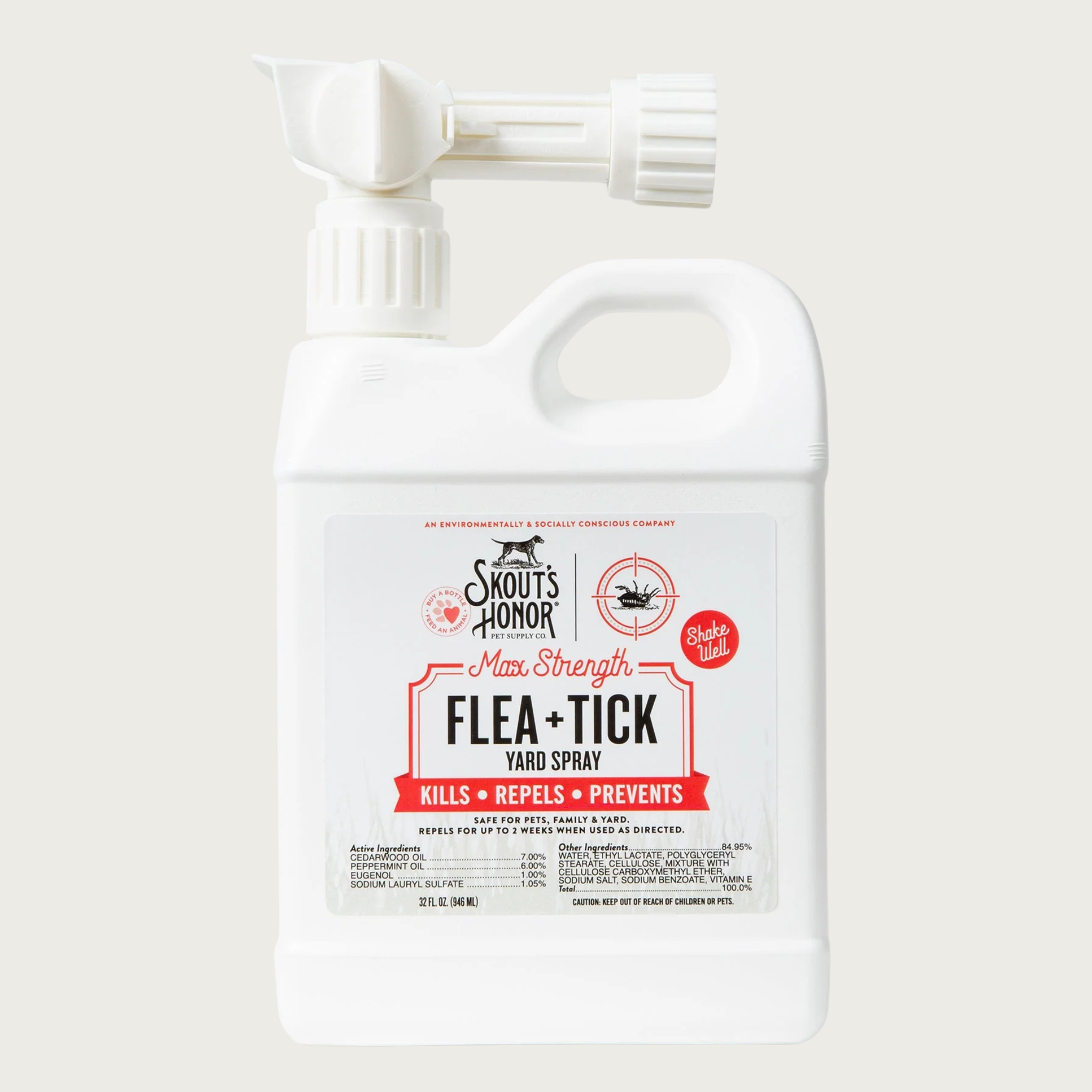 White plastic sprayer bottle of Skout's Honor flea and tick yard spray. Kills, repels, prevents. Safe for pets, family, and yard. Repels for up to 2 weeks when used as directed. 32 fl oz.