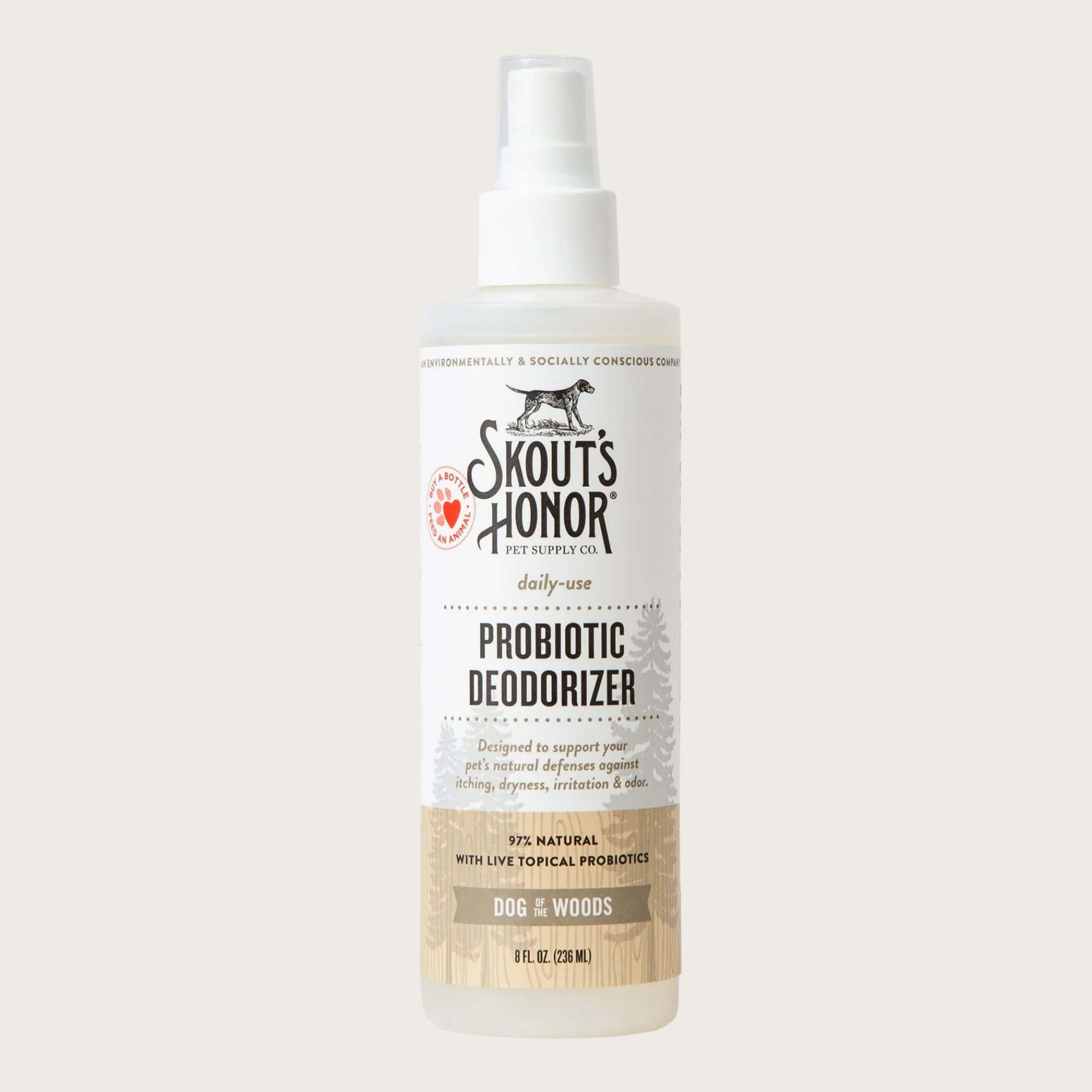Opaque white spray bottle of Skout's Honor Probiotic Deodorizer in Dog of the Woods for daily-use. 97% natural with live topical probiotics. Designed to support your pet's natural defenses against itching, dryness, irritation & odor. 8 Fl Oz.
