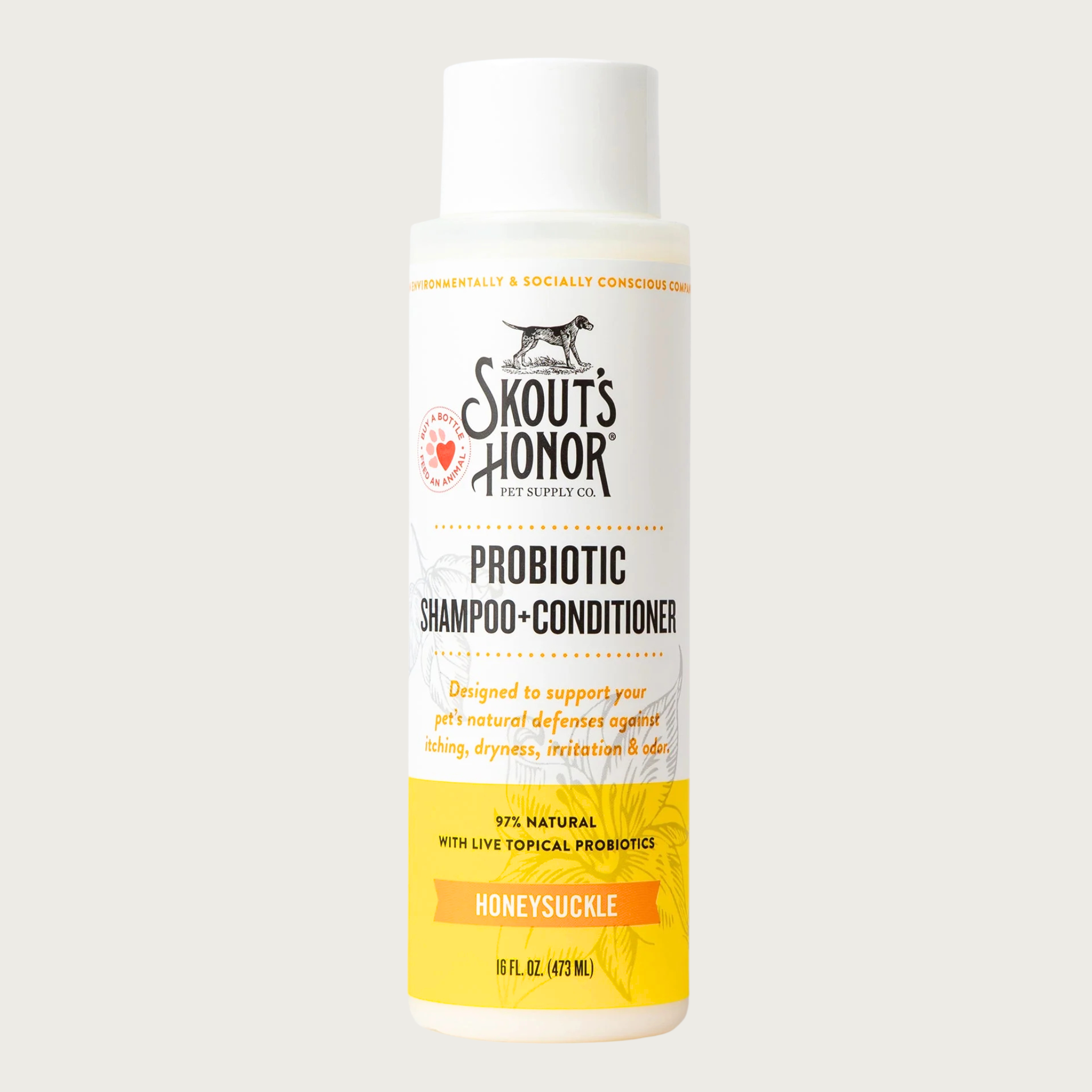 Opaque white plastic bottle of Skout's Honor Probiotic Shampoo & Conditioner in Honeysuckle. 97% natural with live topical probiotics. Designed to support your pet's natural defenses against itching, dryness, irritation & odor. 16 Fl Oz.
