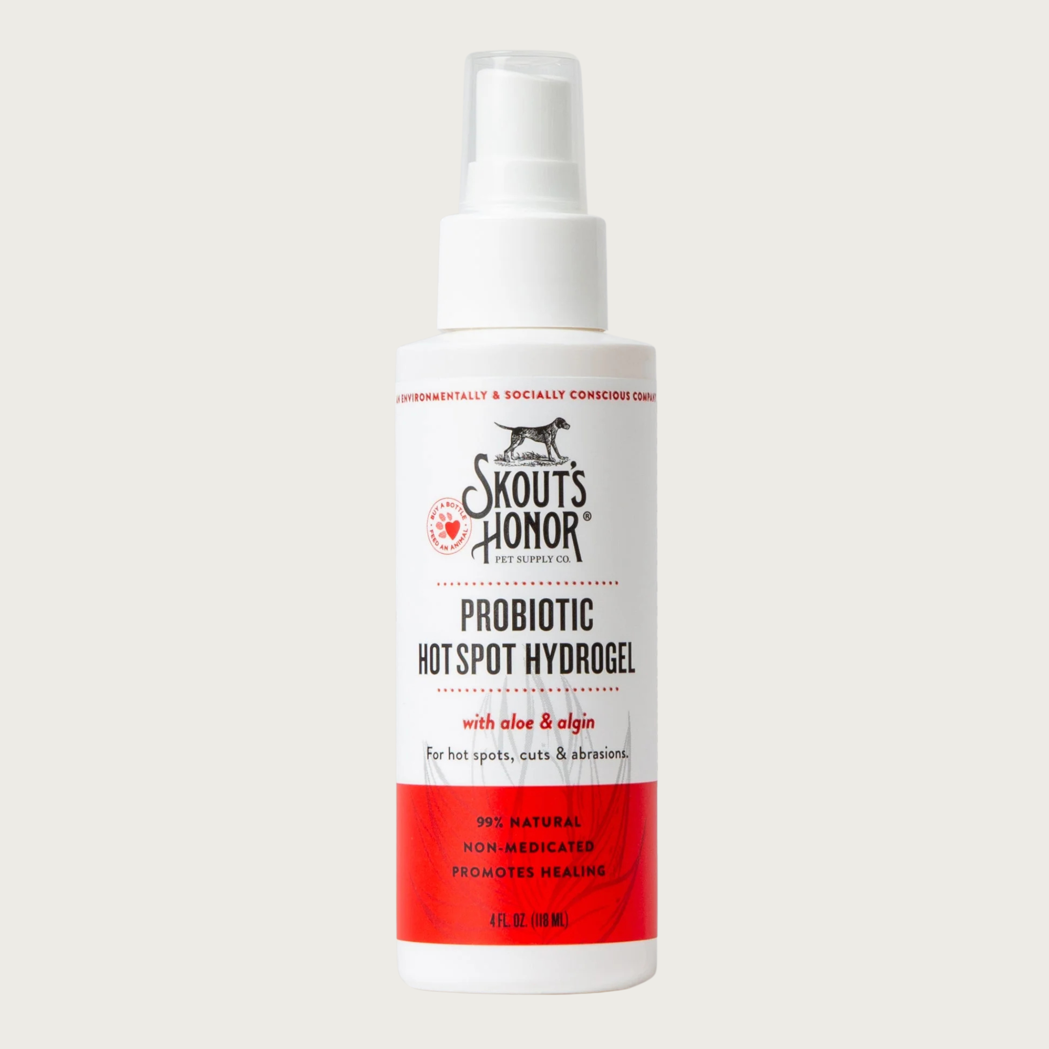Opaque white spray bottle of Skout's Honor Probiotic Hot Spot Hydrogel with aloe & algin, for hot spots, cuts & abrasions. 99% natural, non-medicated, promotes healing. 4 Fl Oz.