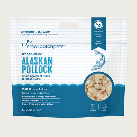 White & blue bag of Smallbatch freeze-dried Alaskan Pollock treats for dogs and cats.