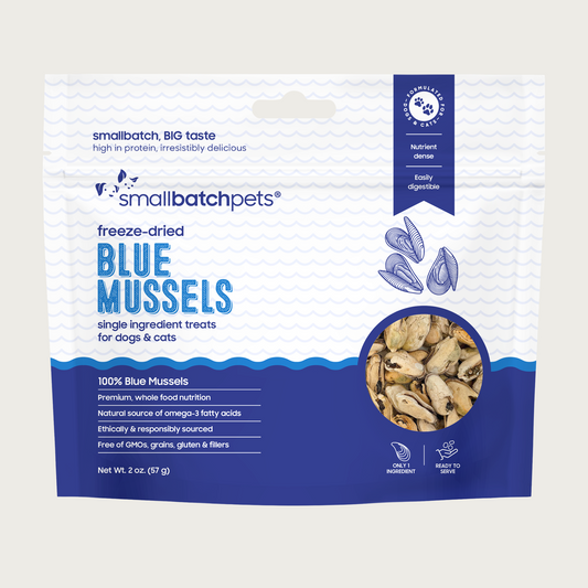 White & deep blue bag of Smallbatch freeze-dried blue mussels treats for dogs and cats.