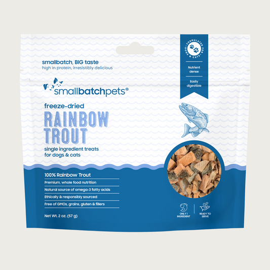 White & blue bag of Smallbatch freeze-dried rainbow trout treats for dogs and cats.